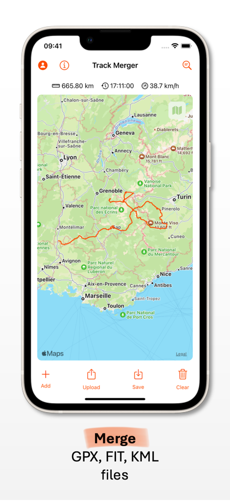 Track Merger - Track Merger mobile app showing a merged route on a map with distance and speed metrics