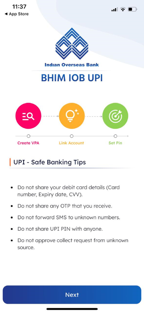 BHIM IOB UPI - BHIM IOB UPI app onboarding screen displaying safe banking tips and a three-step setup process including VPA creation and account linking