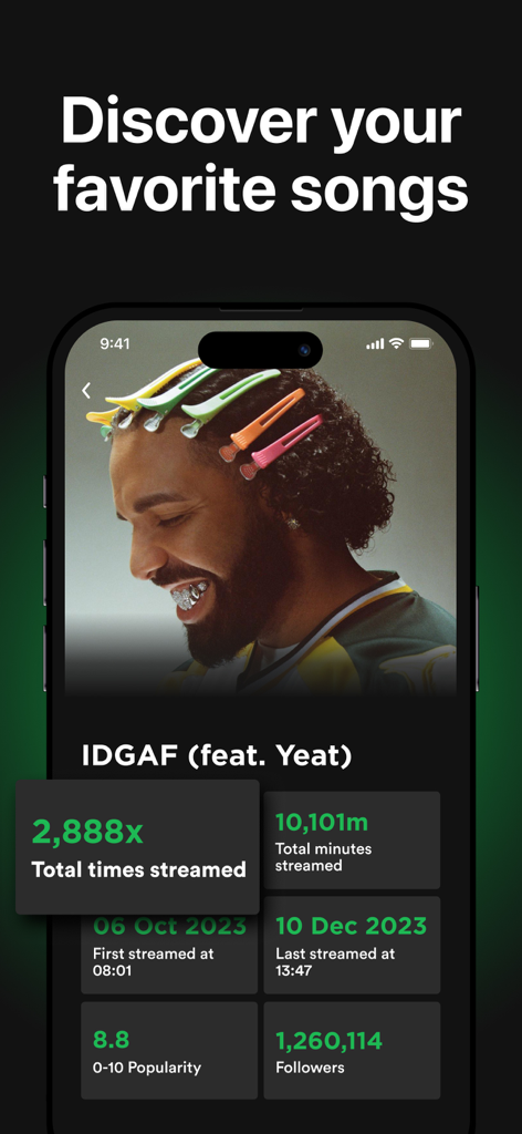 Detailed Spotify song statistics and streaming history on the must.fm app