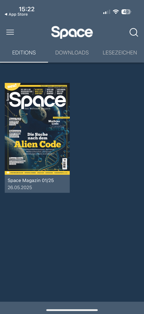 Space Magazin - Space Magazin app home screen showing the editions tab with a magazine cover titled Alien Code