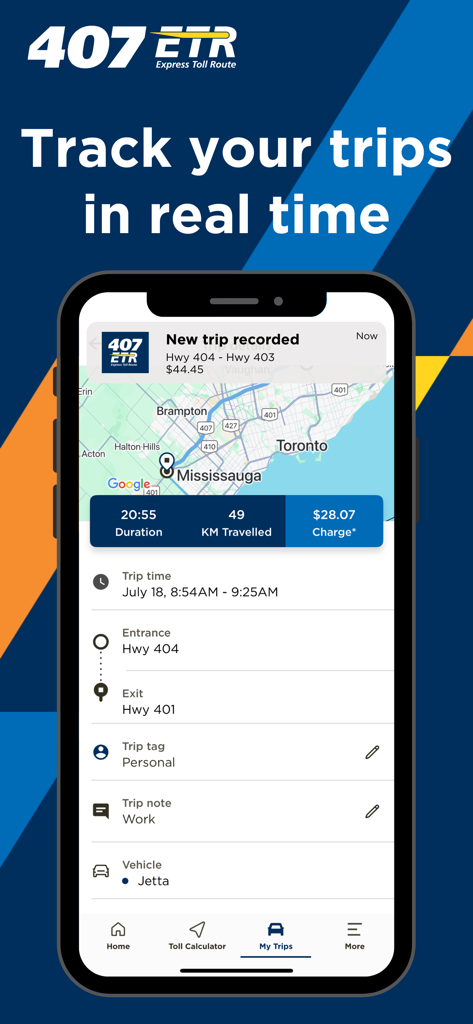 407 ETR - A screenshot of the 407 ETR navigation app displaying real-time trip reports including map, duration, and toll charges.