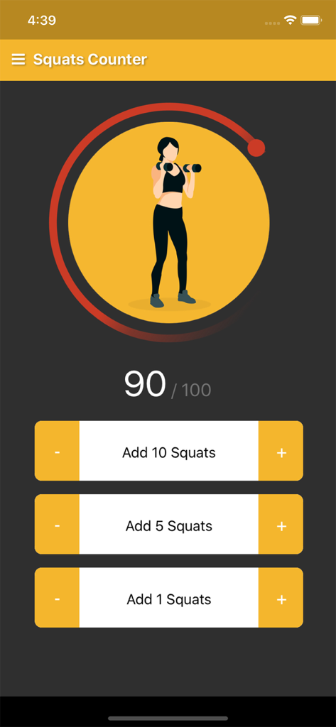 Squats Counter - Squats Counter app interface showing workout progress and buttons to add squats