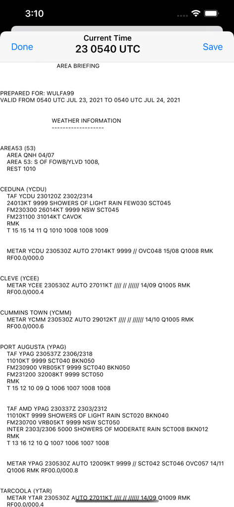 NAIPS - A technical area briefing screen on the NAIPS app displaying aviation weather information METAR and TAF data for multiple locations