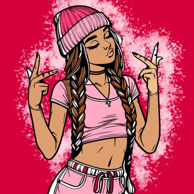 realistic teenage girl with braids and a beanie and crop top doing 🫶🏼