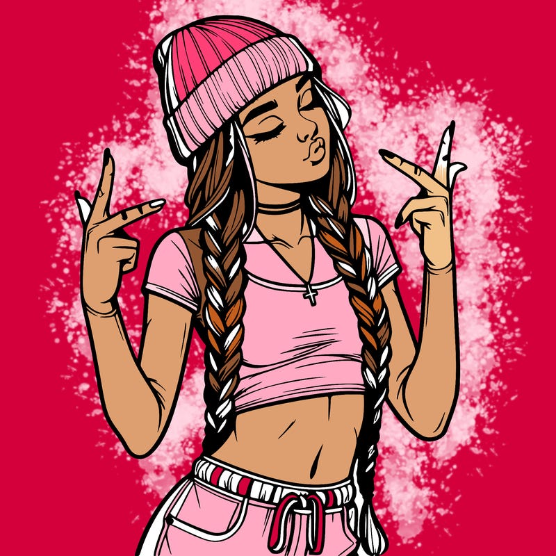 realistic teenage girl with braids and a beanie and crop top doing 🫶🏼