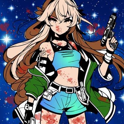 bad girl wearing crop top holding a gun long hair anime