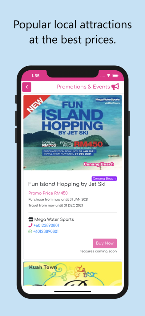 Mobile app screen showing local travel promotions and island hopping deals in Langkawi