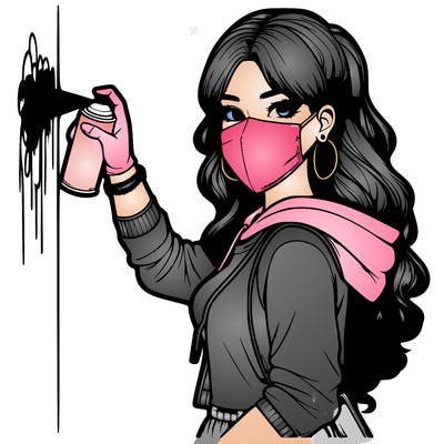 realistic girl with mask spray painting a wall