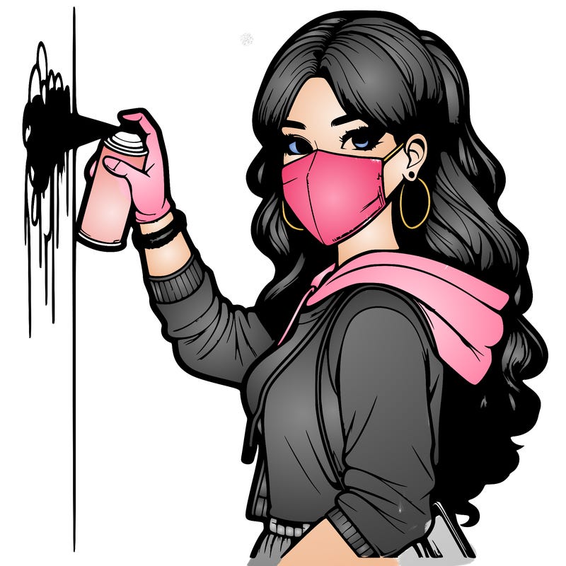 realistic girl with mask spray painting a wall
