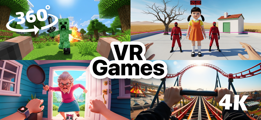 Uma colagem mostrando diversas experiências VR, incluindo jogos em 360 graus, montanhas-russas em 4K e simulações de cultura pop.