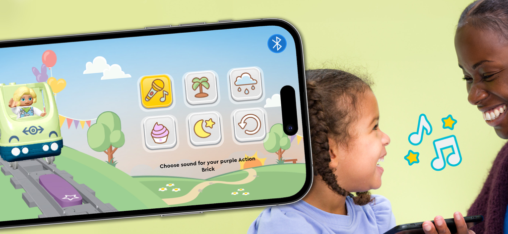 LEGO® DUPLO® Trains - Smartphone screen showing sound options for the purple Action Brick in the LEGO DUPLO Trains app