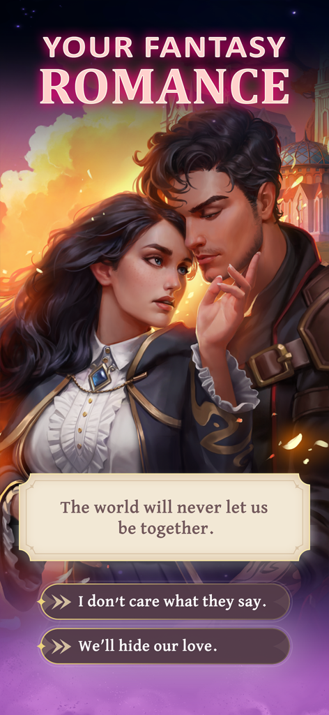A romantic scene in Love and Magic Spellfyre featuring a couple with story choices