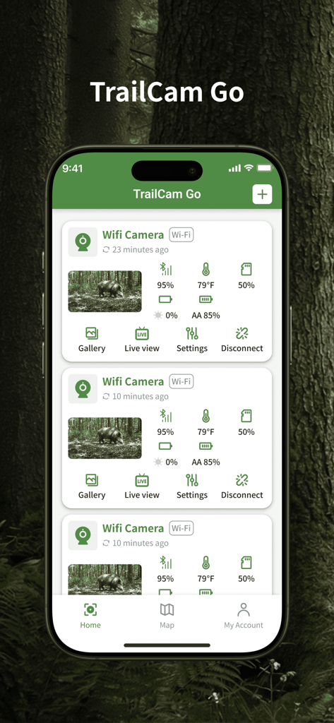 TrailCam Go - Smartphone screen showing TrailCam Go app with a list of connected wifi cameras monitoring wildlife