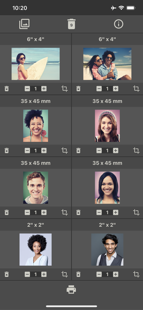 Photo Printing - Una pantalla de aplicación móvil que muestra varias fotos organizadas en diferentes dimensiones, como pulgadas y milímetros, para una impresión eficiente.