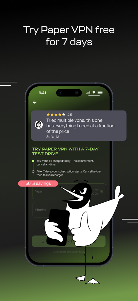 Paper VPN app screen displaying a 7-day free trial offer user review and 50 percent savings promotion