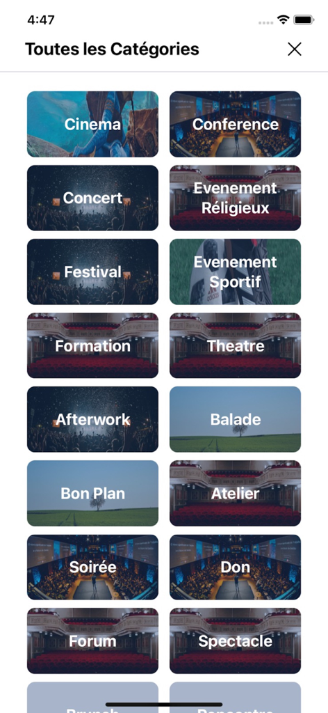 SkanTicket mobile app interface showing a grid of event categories in French such as Cinema Concert and Festival