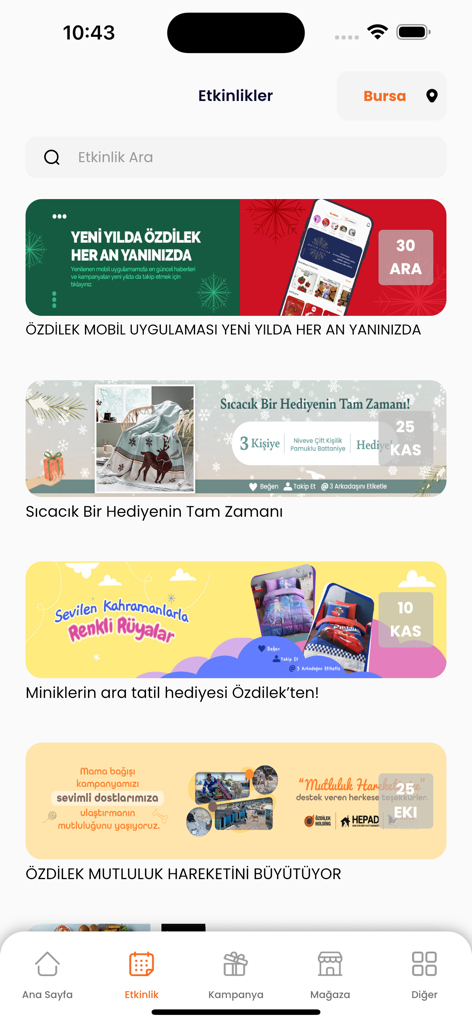 Özdilek AVM - Mobile app screen showing events and shopping campaigns for Ozdilek Shopping Centers.