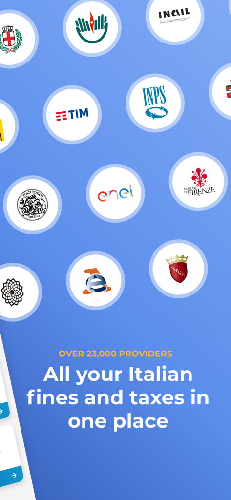 Easypol - PagoPA e Bollo auto - Pantalla de la aplicación Easypol que muestra más de 23.000 proveedores italianos admitidos para pagar impuestos y multas.