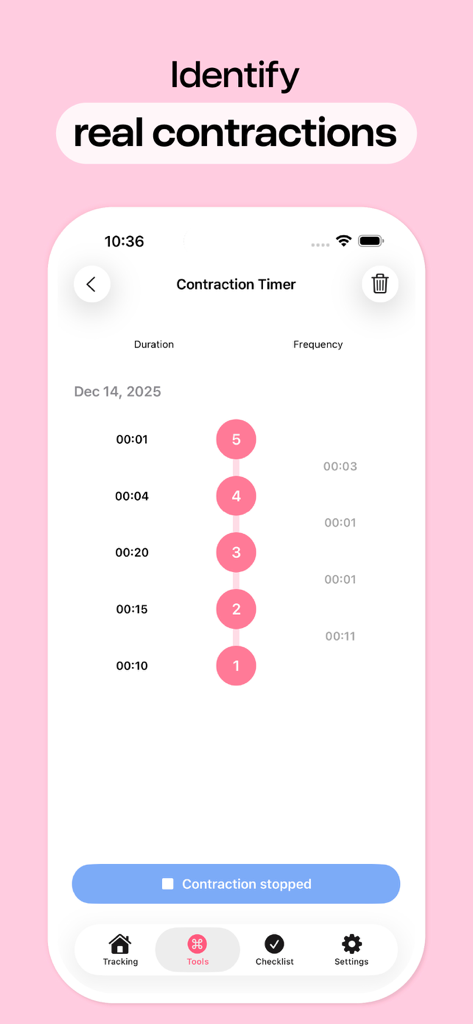 Pregnancy Tracker, Due Date - Una captura de pantalla de la pantalla del temporizador de contracciones en la aplicación Pregnancy Tracker que muestra el progreso del parto.
