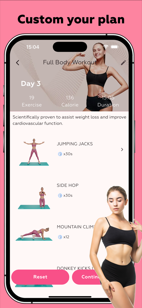 Lose Weight At Home For Women - Pantalla de plan de entrenamiento personalizado para todo el cuerpo para mujeres que muestra la lista de ejercicios y el seguimiento de calorías.
