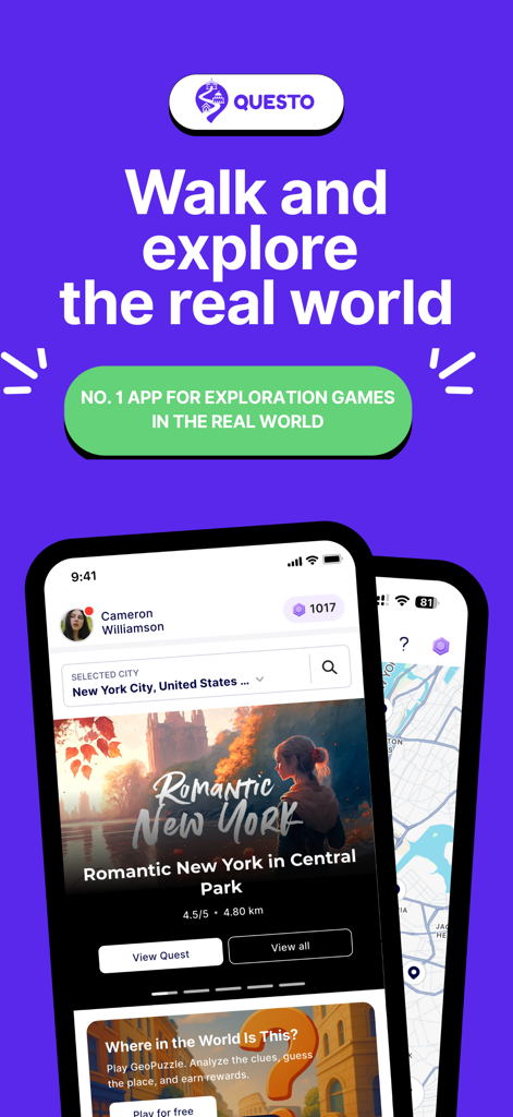 Interfaccia dell'app Questo che mostra un gioco di fuga all'aperto a New York City con vista mappa.
