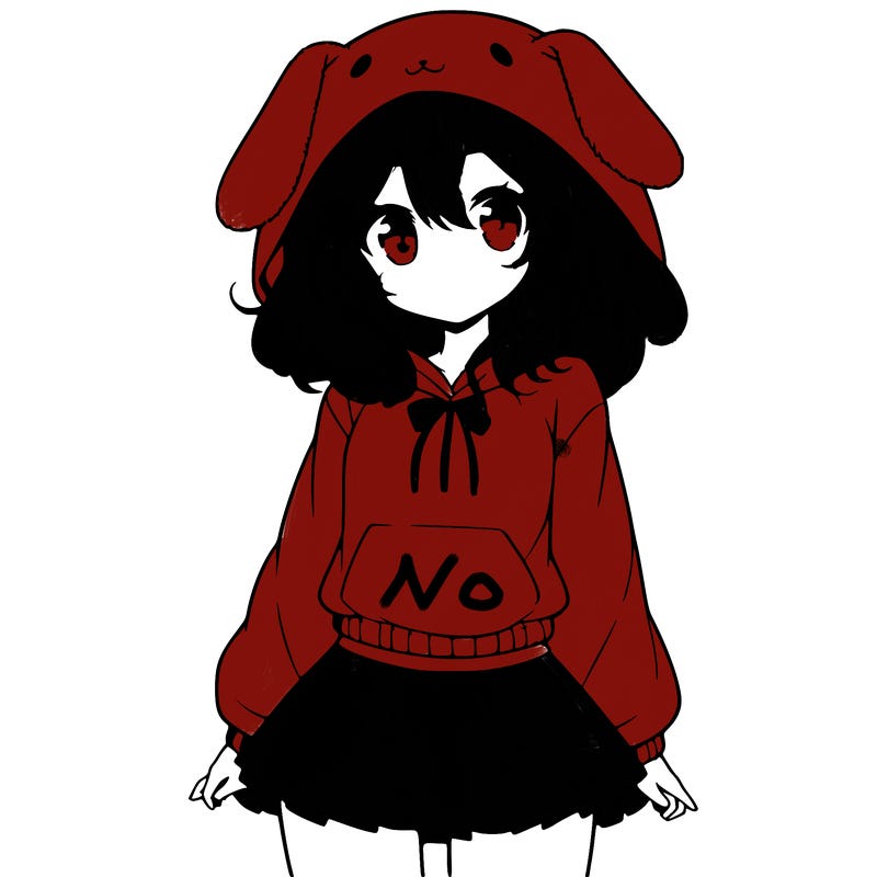 pretty anime girl wearing a fluffy hoodie with bunny ears on the hood and a skirt