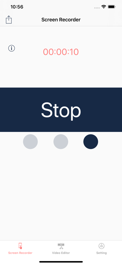 Screen Recorder,Screen Capture - Interfaccia dell'app Screen Recorder che mostra un timer di registrazione attivo e un grande pulsante di arresto