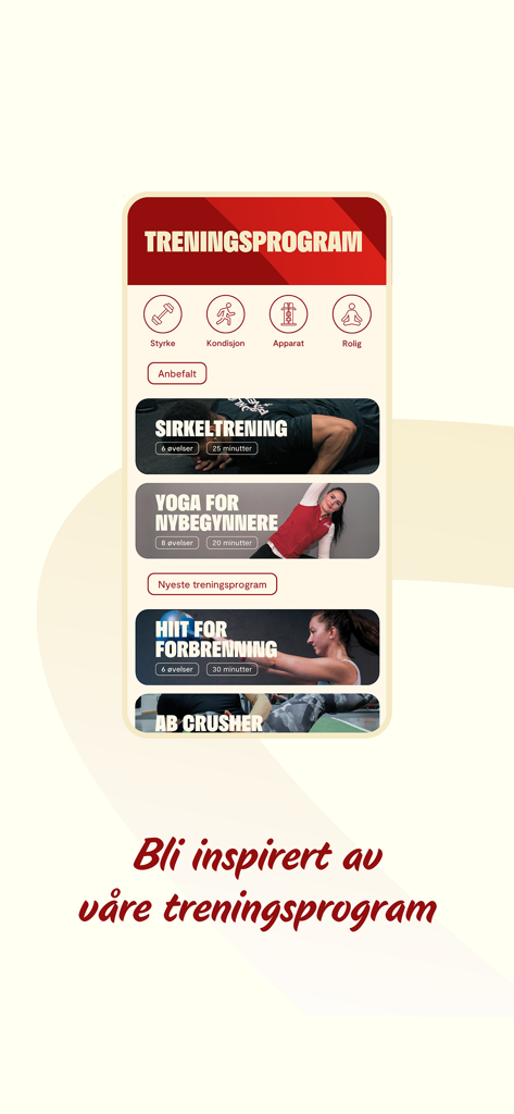 Fresh Fitness - Fresh Fitness app screen showing various training programs like yoga and HIIT