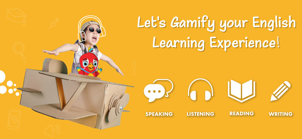 Voca Tooki - Learn English - Child playing in a cardboard airplane with icons for English speaking listening reading and writing skills