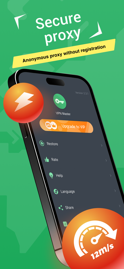 Smartphone mostrando la aplicación VPN Master con datos de proxy seguro y velocidad.