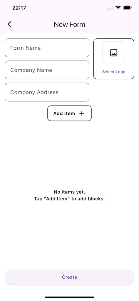 名前、会社名、住所のフィールドが表示された新しいフォームを作成するための画面であるForm.Makerアプリのインターフェース。