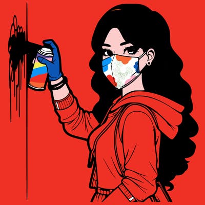 realistic girl with mask spray painting a wall