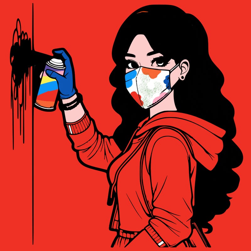 realistic girl with mask spray painting a wall