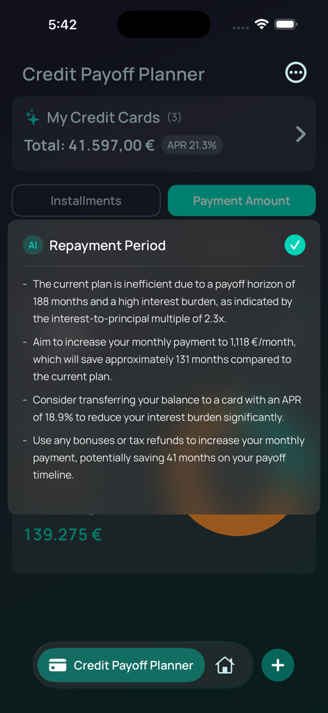 AI repayment period summary showing credit card payoff advice and interest saving tips in the Debt Payoff Planner app