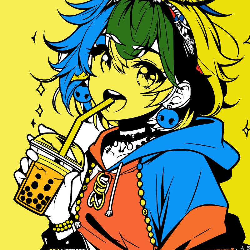 hot baddie anime girl drinking boba and biting the straw
