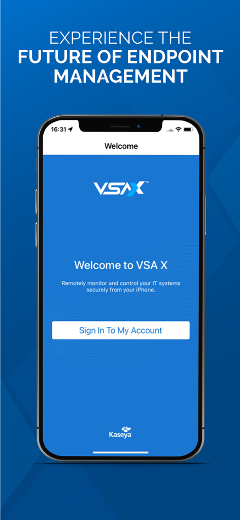 VSA - VSA X welcome screen on an iPhone showing endpoint management for IT professionals