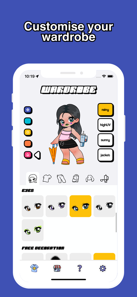 Weather Doll - Interfaz de la aplicación Weather Doll mostrando opciones de personalización de personajes, incluyendo atuendos y rasgos faciales para diferentes condiciones climáticas