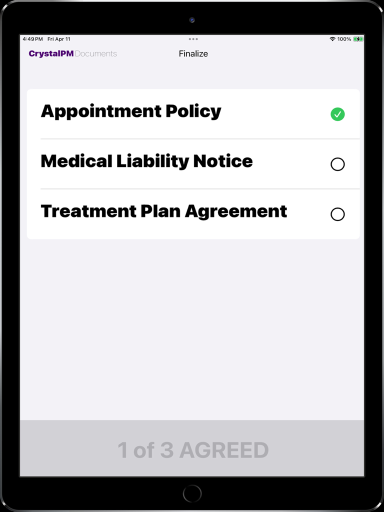 CrystalPM Signature Capture - iPad screen showing a checklist of medical documents for patient signature in CrystalPM