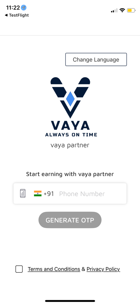 Vaya Driver. - Vaya Driverのパートナー向けログインと登録画面。電話番号入力とOTP生成ボタンがあります。