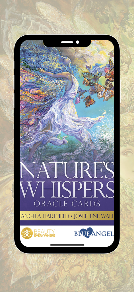 Nature's Whispers Oracle - Tela inicial do aplicativo Nature's Whispers Oracle com arte de natureza fantástica de Josephine Wall em um smartphone.