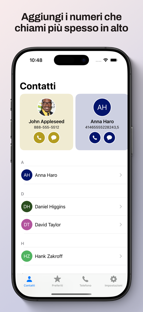 A screenshot of the Corporate Call app showing a contacts list with frequently called numbers pinned at the top for quick access.