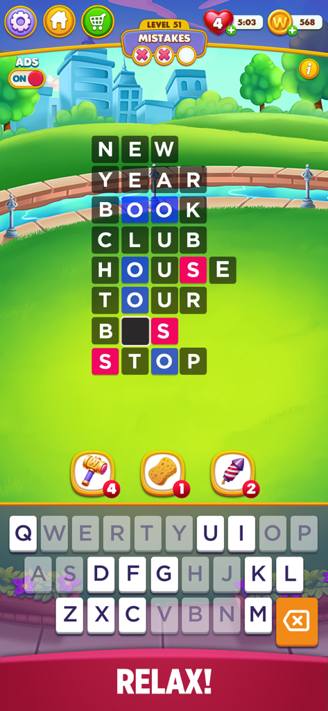 Word Chain Puzzle - Gameplay screen of Word Chain Puzzle showing a vertical word chain with compound words on a peaceful park background