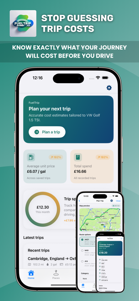 FuelTrip app screenshots showing driving cost estimates, route planning, and fuel spending analytics