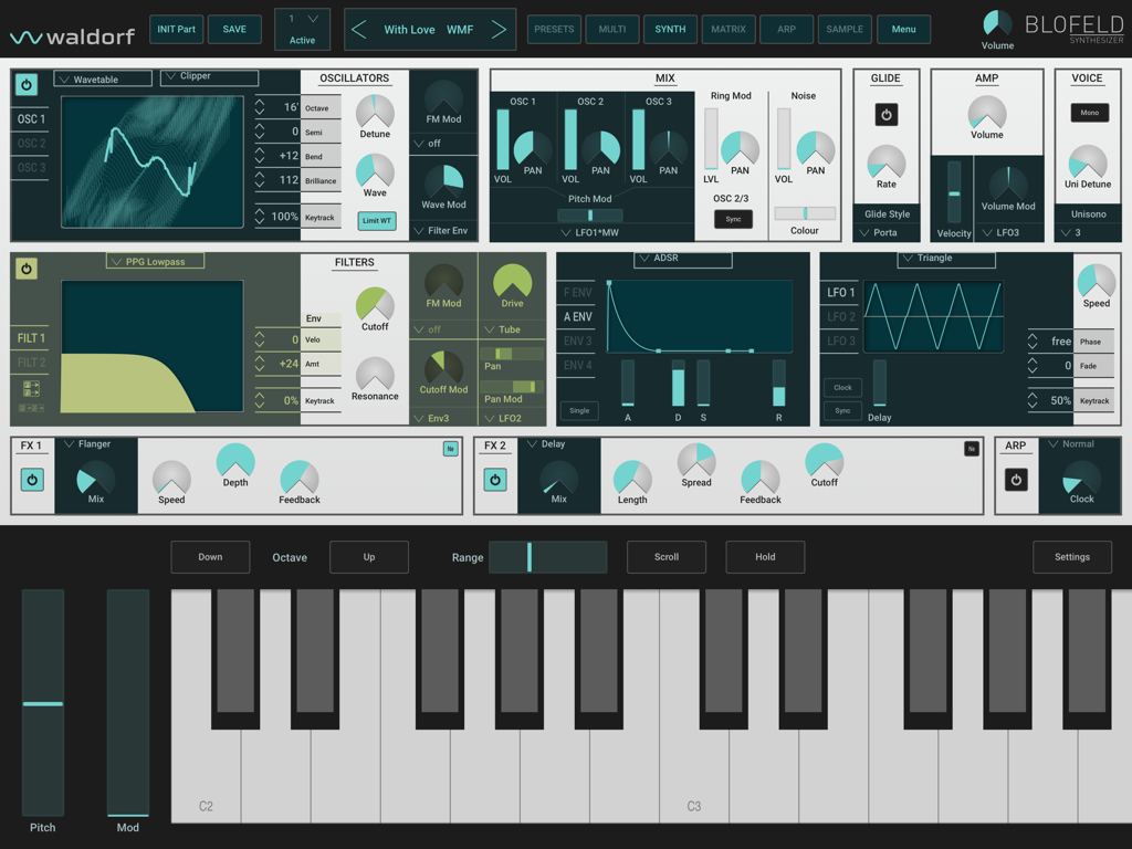 Blofeld - Waldorf Blofeld synthesizer app interface featuring wavetable oscillators and filters