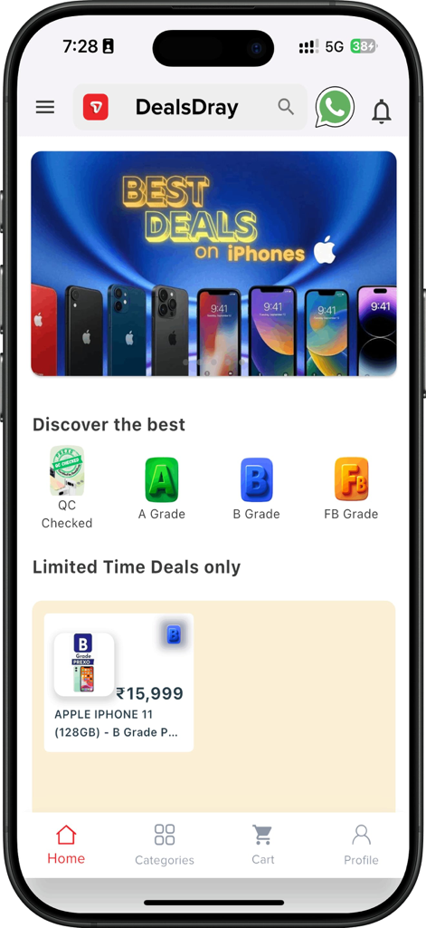DD App B2R - DD App B2R home screen showing wholesale deals on refurbished iPhones with quality grade categories like A Grade and B Grade.