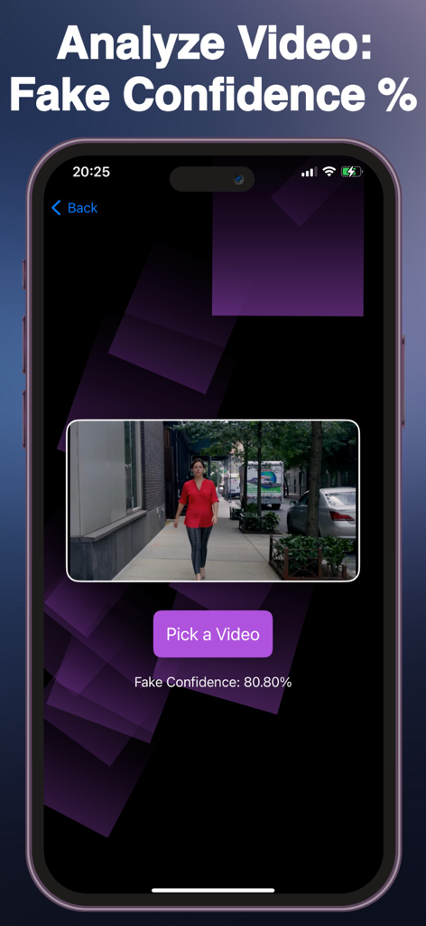 Smartphone screen showing the DeepFake Detector app interface with a video analysis result and eighty percent fake confidence score