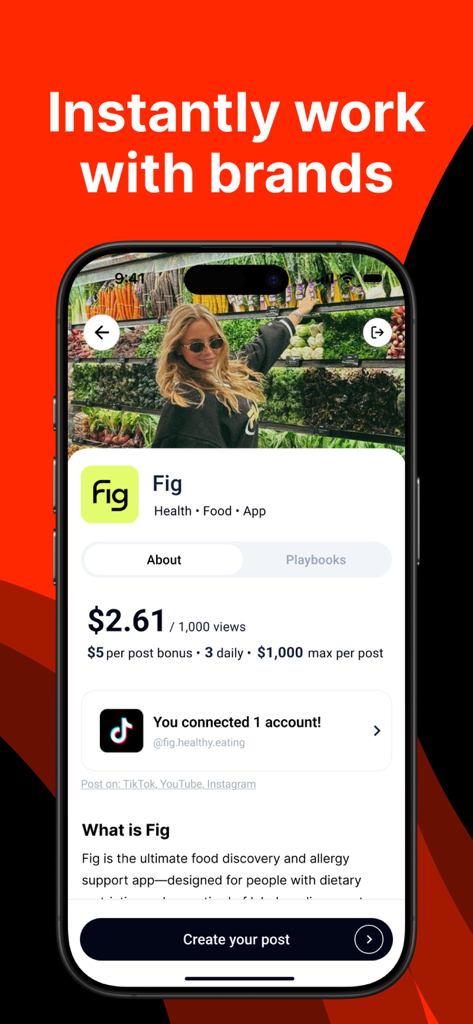 Noise app interface showing a brand deal opportunity with payment details and a button to create a post