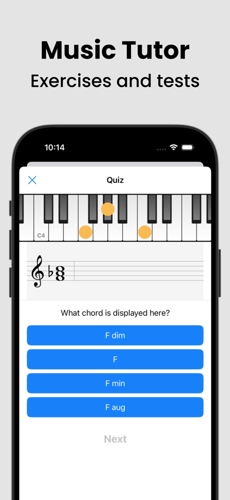 Piano Chords and Scales - A music theory quiz screen in the Piano Chords and Scales app showing a piano keyboard and staff for chord identification.