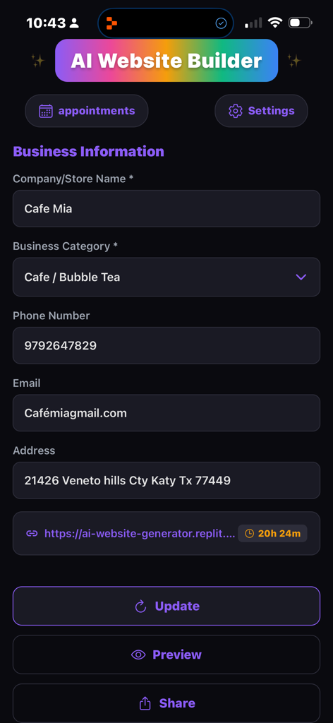 Mobile app screen showing a business information setup form for a cafe website including name category and contact details