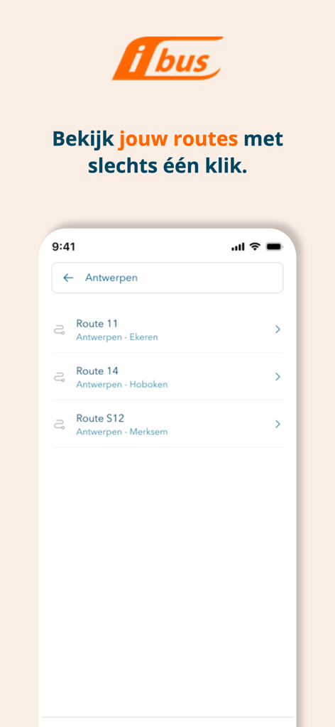 Pantalla de smartphone mostrando la aplicación I-Bus con una lista de rutas de autobús en Amberes para una navegación rápida